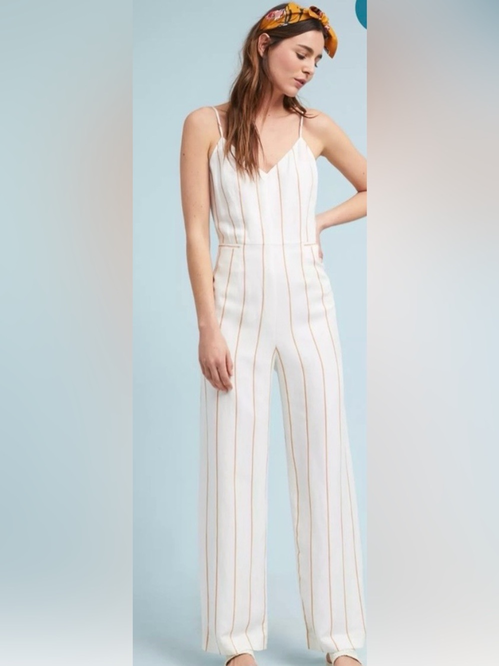 Anthropologie The Essential Jumpsuit Ivory Orange Stripe Wide Leg M